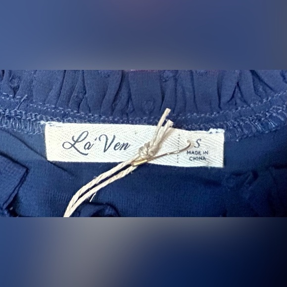 NWT Revolve La’ Ven Navy Blue Lined Swiss Dot Blouse w/ Flutter Sleeves & Tie, S - Picture 8 of 12